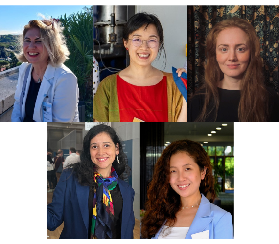Collage of five women researchers arranged in two rows. The top row shows three portrait photos: a smiling woman outdoors with a scenic landscape behind her, a woman wearing glasses in a laboratory setting holding equipment, and a woman with red hair standing in front of a patterned backdrop. The bottom row shows two portraits: a woman in a blazer and colourful scarf standing in a conference or event space, and a woman with long wavy hair wearing a light blue blazer in a modern indoor corridor. All five are smiling and facing the camera.